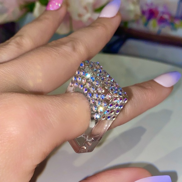 Acrylic Statement Ring• Iridescent Aurora Swarovski Crystals • Geometric Ring - Picture 14 of 15